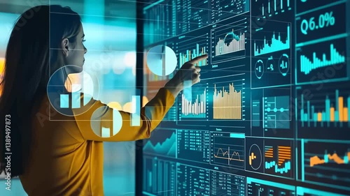 A woman in yellow stands facing a giant display of stock market data and charts, as she points at a graph. The scene depicts insights into data analysis, showcasing performance assessment.