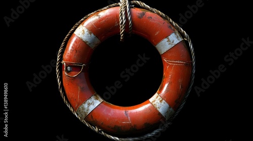 Vintage Red and White Lifebuoy with Rope on Black Background