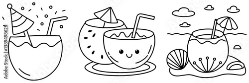 Refreshing coconut drinks are perfect for summer fun and relaxation by beach. Enjoy vibrant flavors and cheerful vibes