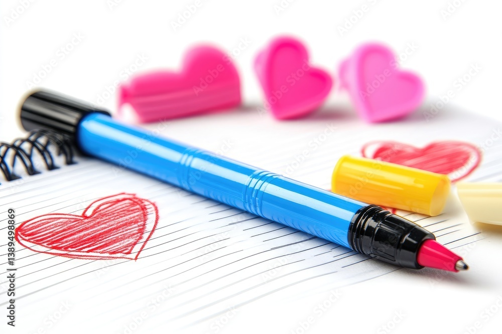 Drawing Hearts with Blue Pen on Lined Paper Background Drawing Hearts with Blue Pen on Lined Paper Background