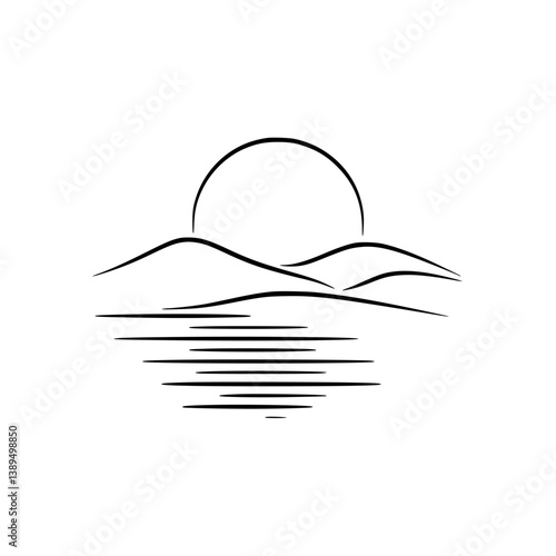 Minimalist Sunset over Water Landscape, Line Art