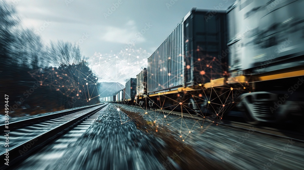 Obraz premium Speeding Freight Train in Motion with Double Exposure Effect
