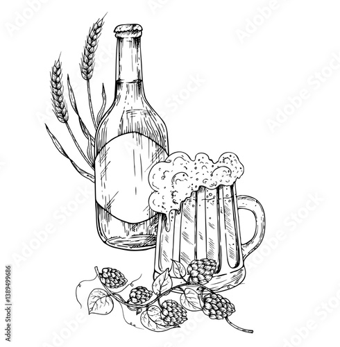 Vector Glass and bottle of beer with cap of foam and common hop. Graphic ink ale illustration, organic Humulus lupulus branch with leaves and cones isolated on background. Hand drawn line sketch. For