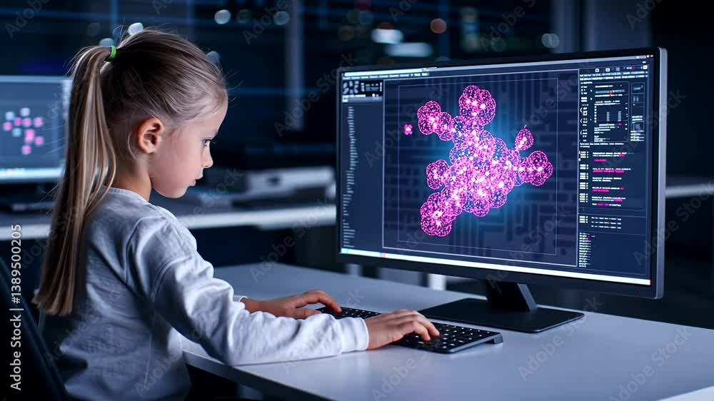 Girl coding genetic data at night lab