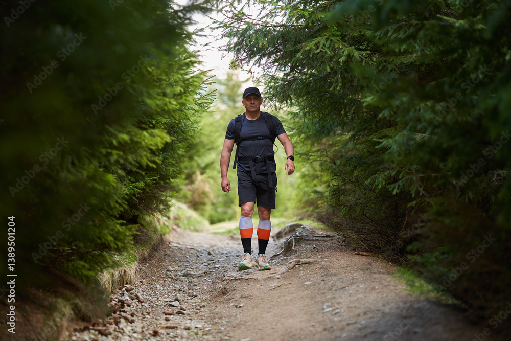 Man hiking in forest trail.........