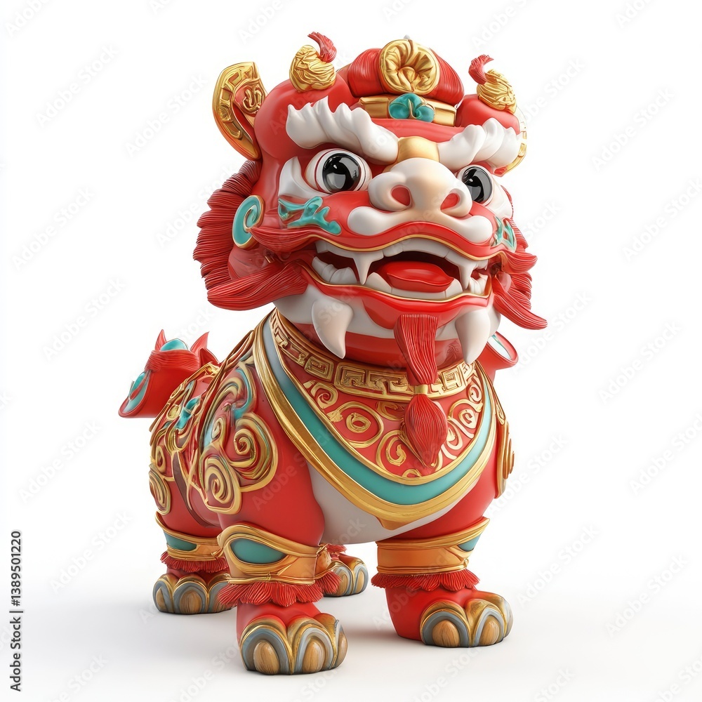 Red Chinese Lion Figurine with Ornamental Details for Lunar New Year Red Chinese Lion Figurine with Ornamental Details for Lunar New Year