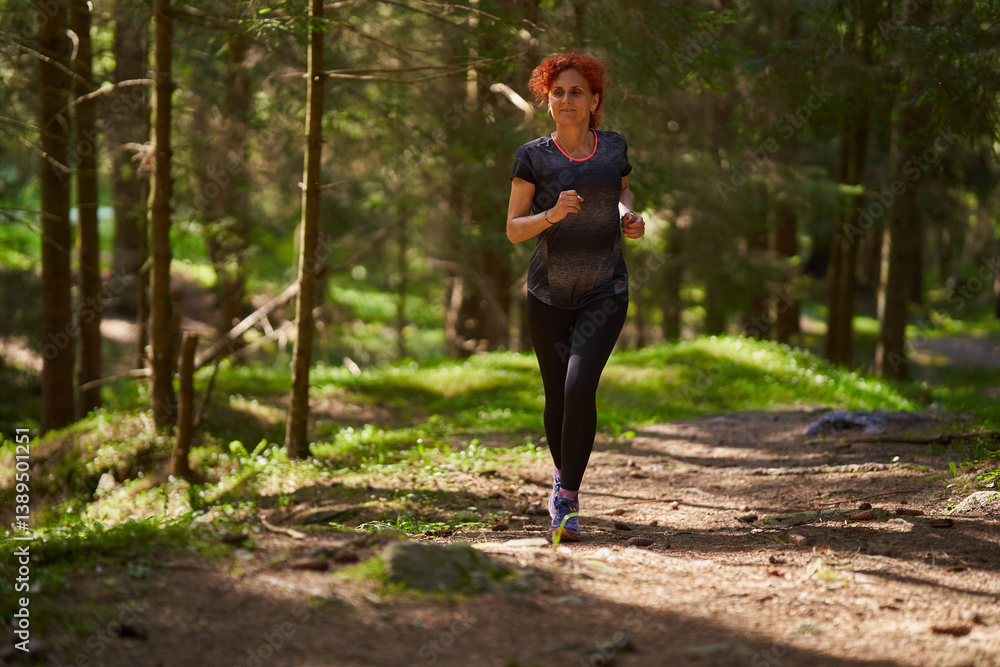 Woman jogging in forest trail.........