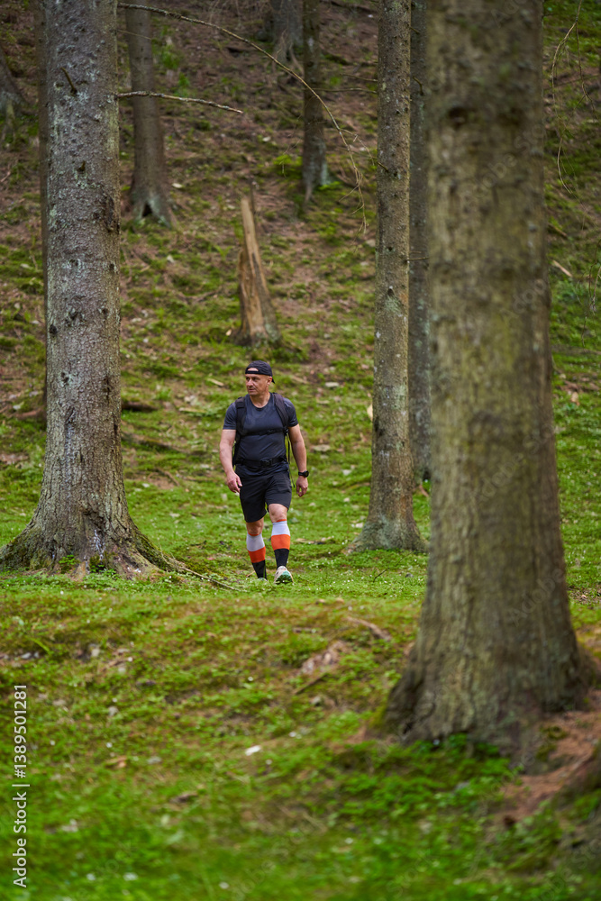 Man hiking in forest trail.........