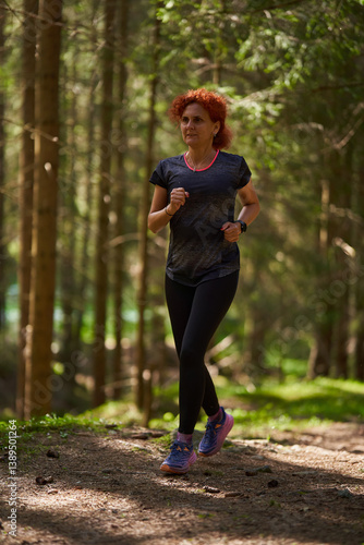 Woman jogging in forest trail.........