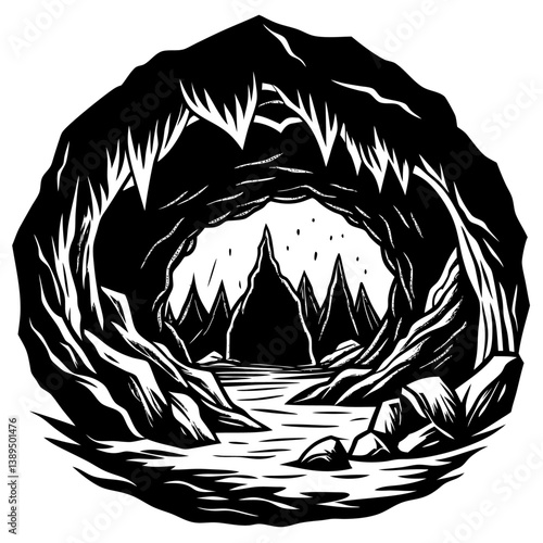 Cave Exploration: Inside the darkness, a detailed monochrome artistic rendering unveils a cavernous underground realm.