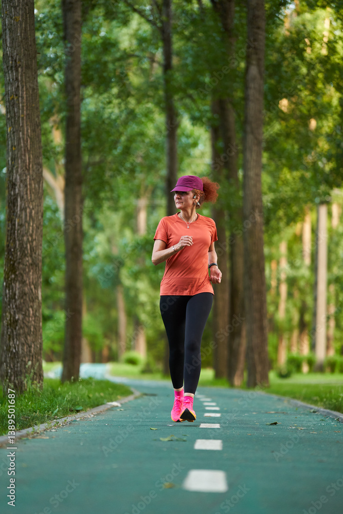Woman running in summer park path.........