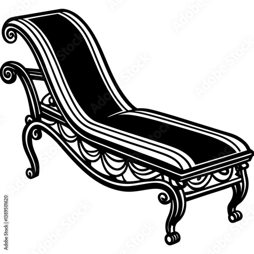 Elegant Chaise Lounge Illustration: A classical chaise lounge, rendered in an elegant black and white illustration, evokes a sense of refined leisure, and the art of relaxation.