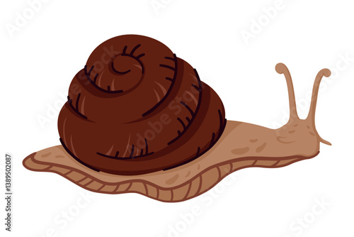 Cute Brown Garden Snail with Spiral Shell and Tentacles Crawling. Hand Drawn Wild Mollusk Isolated on White Background. Adorable Slow Creature for Nature or Animal Designs