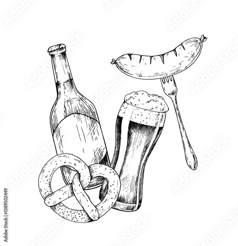 Vector grilled sausage on fork. Bavarian pretzel, Brezel with salt. Graphic German bottle of beer, bratwurst illustration isolated on background. Hand drawn line sketch. For designers, prints