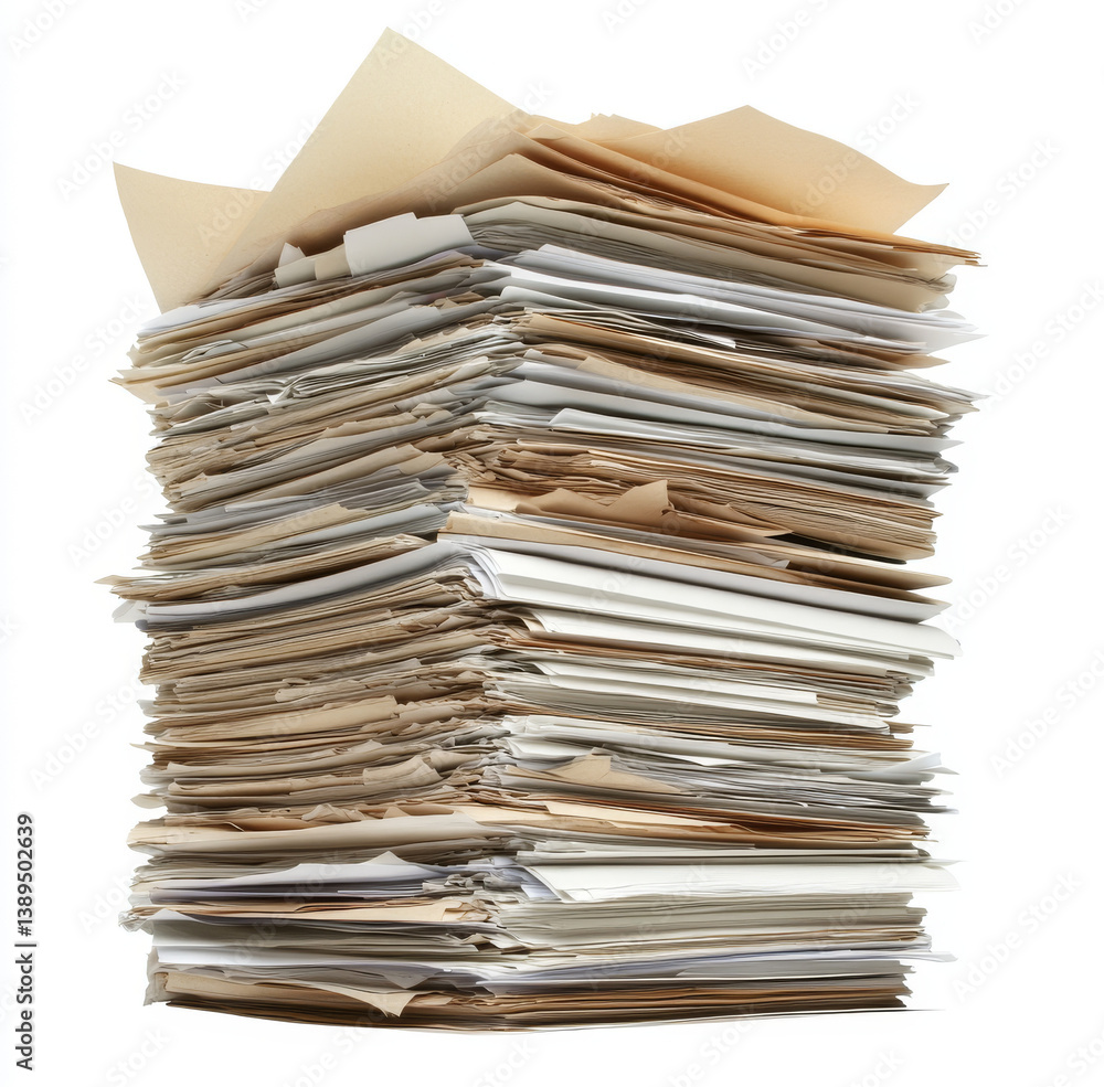 A large stack of assorted papers and documents rests on a desk, reflecting a busy office atmosphere. The papers vary in color and size, indicating a mix of important files and notes A large stack of assorted papers and documents rests on a desk, reflecting a busy office atmosphere. The papers vary in color and size, indicating a mix of important files and notes