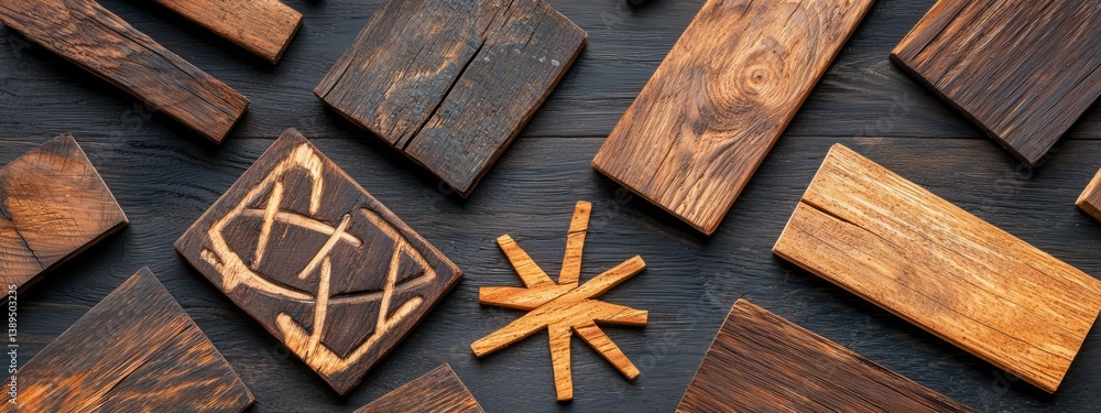 Wooden Planks and Boards Arranged on Dark Surface for Crafting Wooden Planks and Boards Arranged on Dark Surface for Crafting