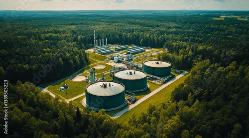 A large industrial facility sits within a lush green forest landscape, featuring several storage tanks and processing units. The bright daylight highlights the contrast between nature and machinery
