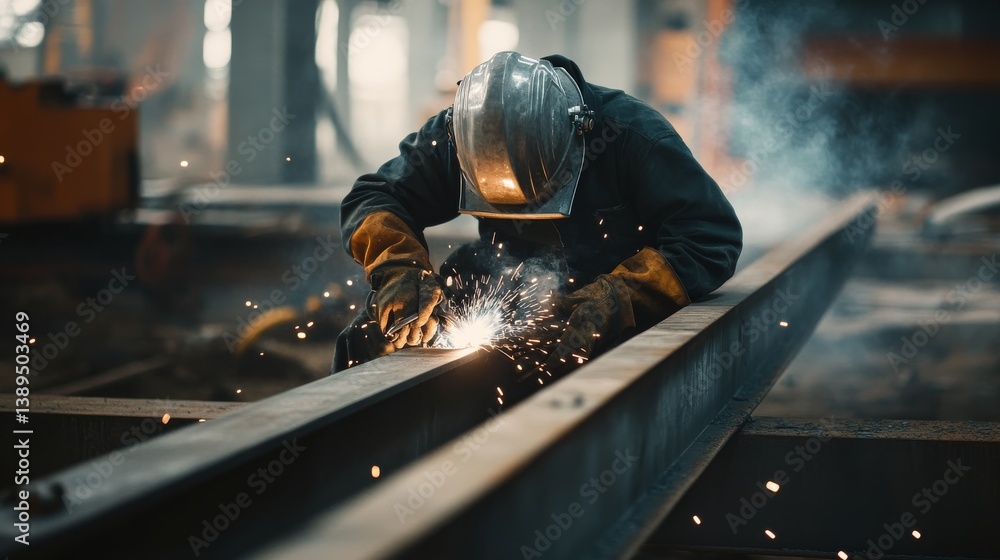 A construction worker welding steel at a building site. Featuring precision and care A construction worker welding steel at a building site. Featuring precision and care