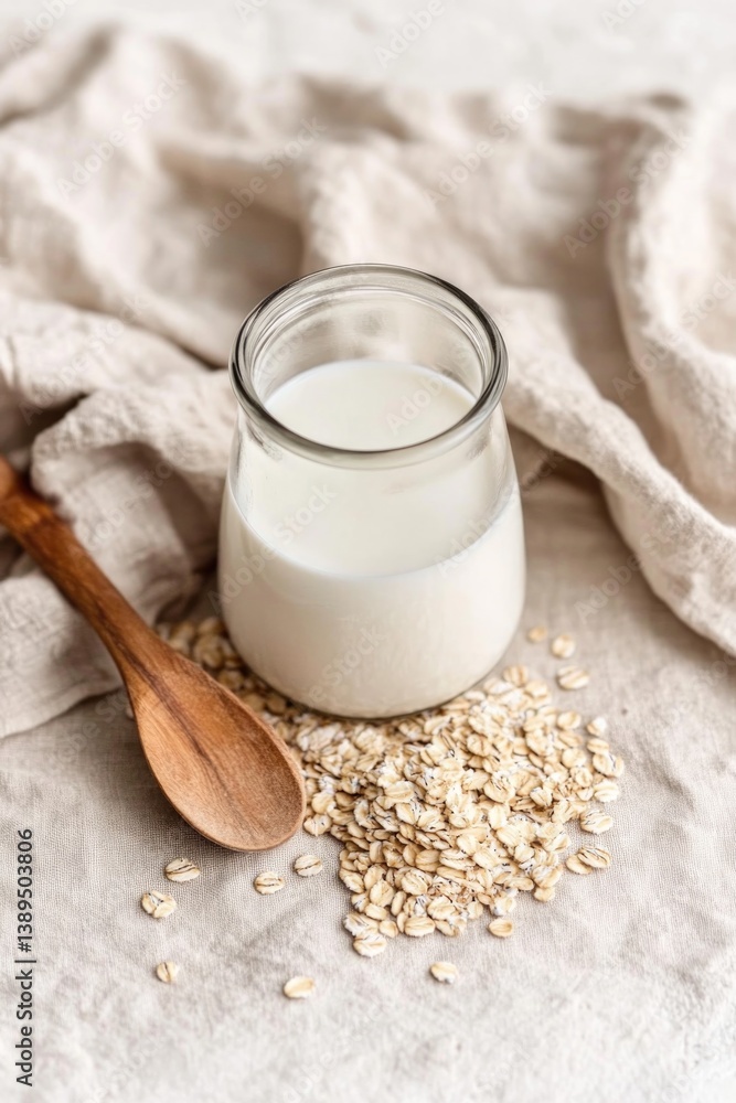 Creamy milk in jar rests beside scattered oats and wooden spoon, Creamy milk in jar rests beside scattered oats and wooden spoon,