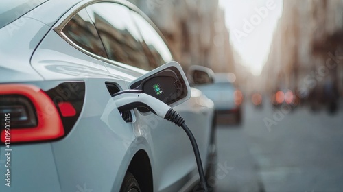 Electric Vehicle Charging in Urban Setting with Cityscape Background