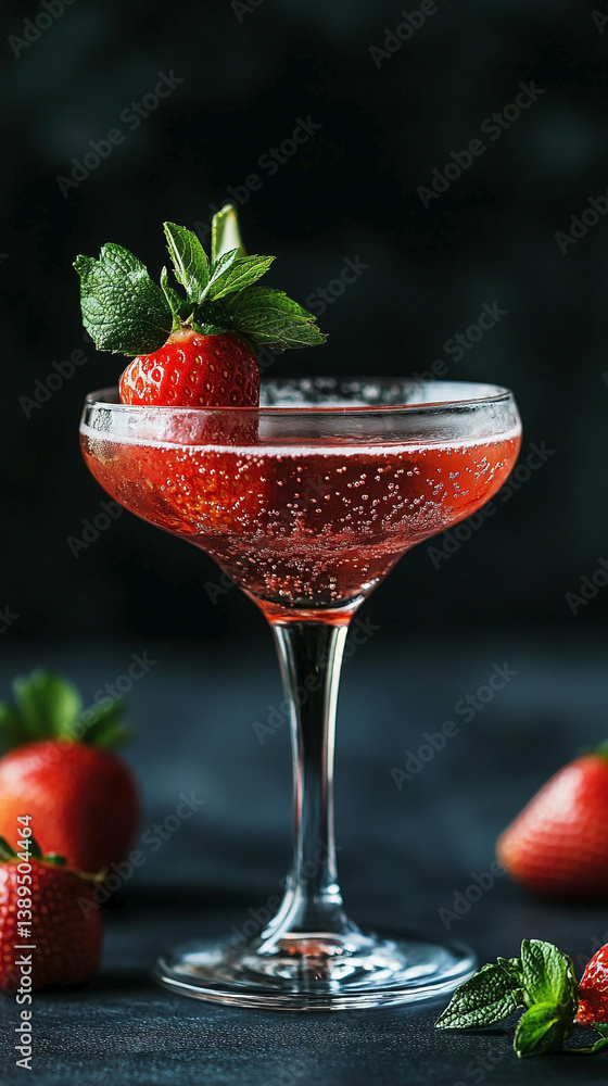 Alcoholic strawberry martini cocktail on the bar counter. Alcoholic strawberry martini cocktail on the bar counter.