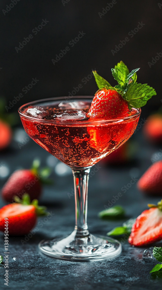 Alcoholic strawberry martini cocktail on the bar counter. Alcoholic strawberry martini cocktail on the bar counter.