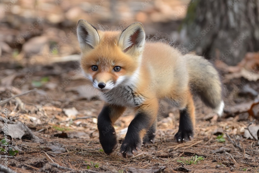 Naklejka premium Young red fox exploring the forest floor among fallen leaves during daylight hours, A young red fox walks in the forest