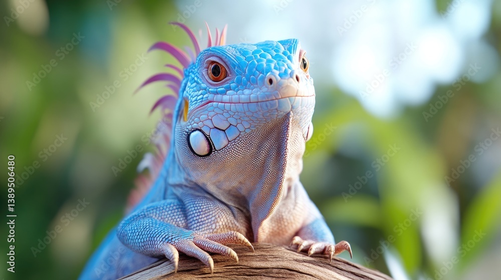 Fototapeta premium Vibrant blue iguana resting on a log. A striking iguana, showcasing vibrant blue scales, sits atop a log in a natural, out-of-focus background.