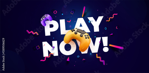 Colorful Game Controllers with Play Now Text on Dark Background. Perfect for Esports, Gaming Events, Promotions, and Streaming Channels. Fun and Energetic Style. Vector Illustration.