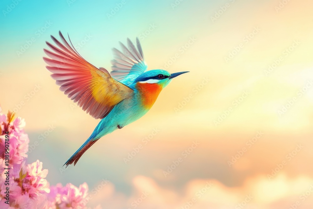 Fototapeta premium Beautiful bird flying against a vibrant sky with colorful plumage and blossoms, beautiful colored bird on the background of the sky