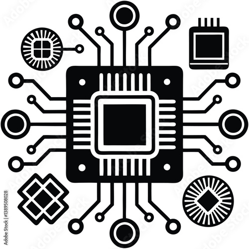 Retro electronic circuit board vector illustration, digital display technology