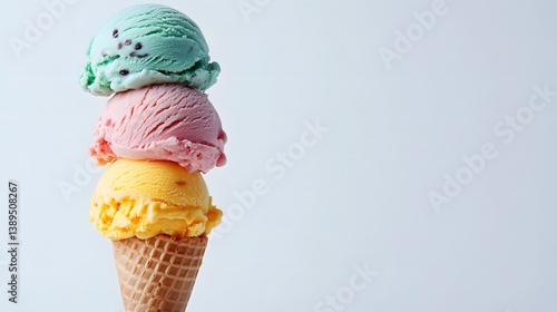 Colorful ice cream stacked on a crispy cone on a white background