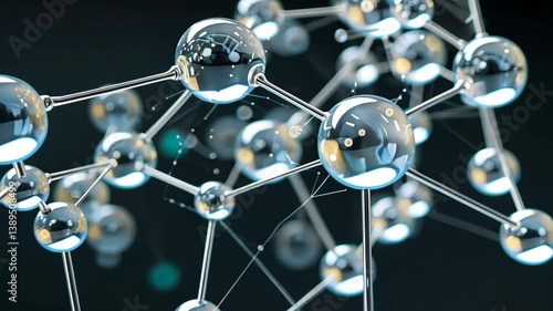 Close-up of large, round, crystal-clear hyaluronic acid molecules with strings tied together, similar to glass