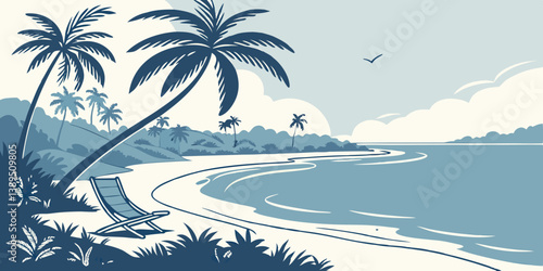 Serene Blue Beach Scene with Palm Trees and Ocean View Vector Illustration