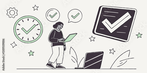 Cartoon Vector Illustration of Woman Completing Tasks on Laptop with Check Marks Clock and Gear for Productivity