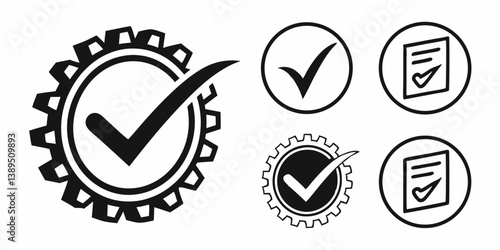 Black & White Checkmark Gear Document Vector Icons Set