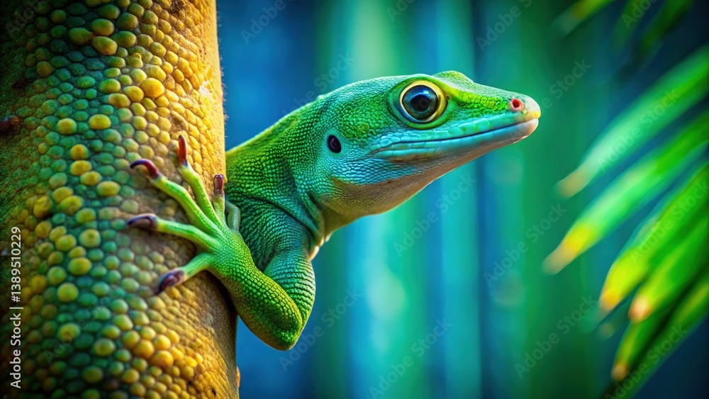 Fototapeta premium Emerald Green Gecko on Palm Tree Trunk - Tropical Wildlife Stock Photo