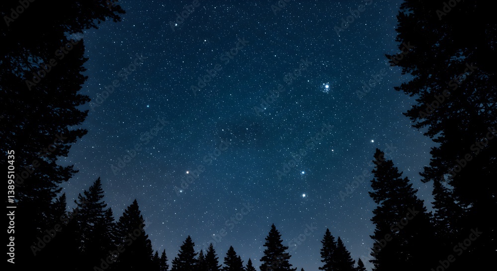 Fototapeta premium Majestic Night Sky over Silhouetted Pine Trees A Breathtaking Starry Night Landscape Photography