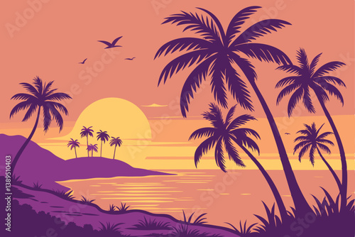 96 Tropical sunset, palm tree silhouettes, vibrant gradient sky, purple and orange hues, golden sun, calm ocean reflection, island landscape, serene beach scene, vector-style illustration, minimalist 