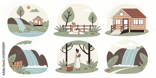 Serene Nature Retreat Illustrations: Cabin Waterfall Meditation Reading Flat Pastel Style