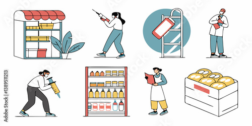 Flat Vector Grocery Store Art: Food Shelves, Bread, Canned Goods, Retail Staff, Shoppers, Inventory, Syringe