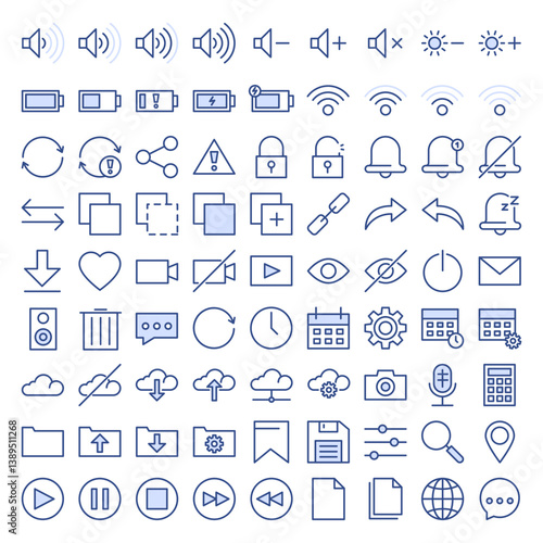 Set of simple system icons vector isolated. Collection of minimalistic line pictograms for operating system. Computer setup concept. Audio and video settings. Mobile interface.