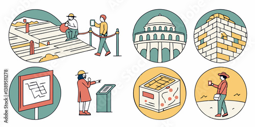 Archaeology Museum History Icons Flat Vector Illustration Set
