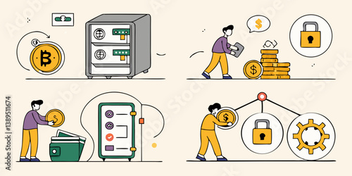 Digital Finance & Money Flat Style Vector Image: Crypto Currency, Wallet, Safe, Lock, Gear