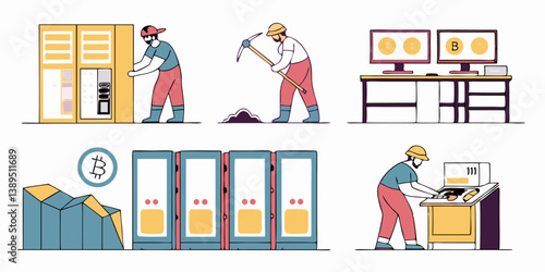 Bitcoin Cryptocurrency Mining Vector Flat Design Style People Miners Pickaxe Crypto Farm Servers