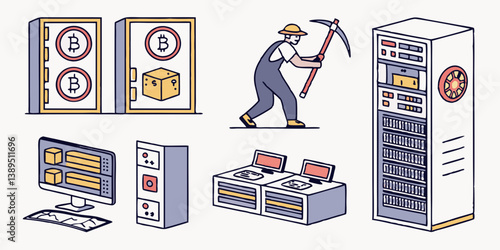 Bitcoin Mining Process Cartoon: Miner, Pickaxe, Crypto Servers, Computers, Crypto Finance