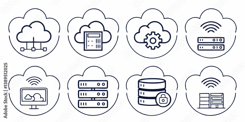 Cloud Server Network Database Security Technology Line Art Vector Icons Set Graphics Cloud Server Network Database Security Technology Line Art Vector Icons Set Graphics