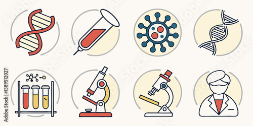Medical & Science Flat Vector Icons Set - DNA Virus Microscope Test Tubes Doctor