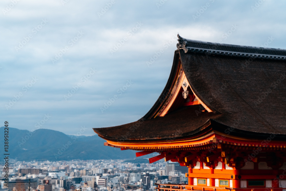 Traditional Japanese temple with the cityscape on the background Traditional Japanese temple with the cityscape on the background