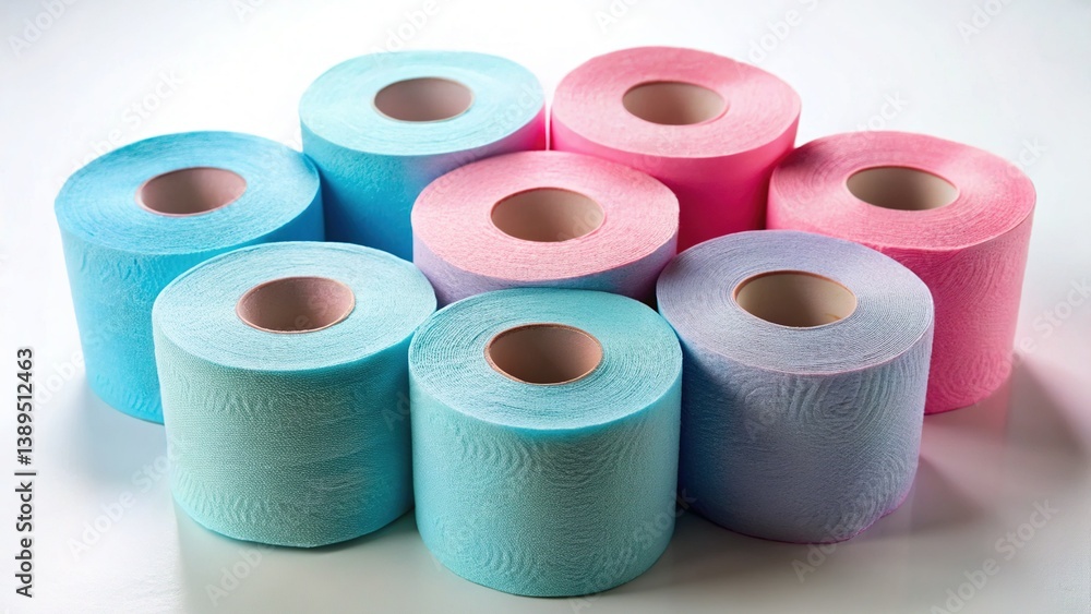 High-Angle View of Pink and Blue Toilet Paper Rolls on White Background High-Angle View of Pink and Blue Toilet Paper Rolls on White Background
